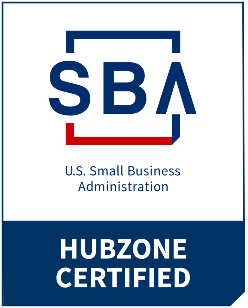 A blue "SBA" with a smaller "U.S. Small Business Administration" on a white background. "HUBZONE CERTIFIED" is white letters on a blue background at the bottom.